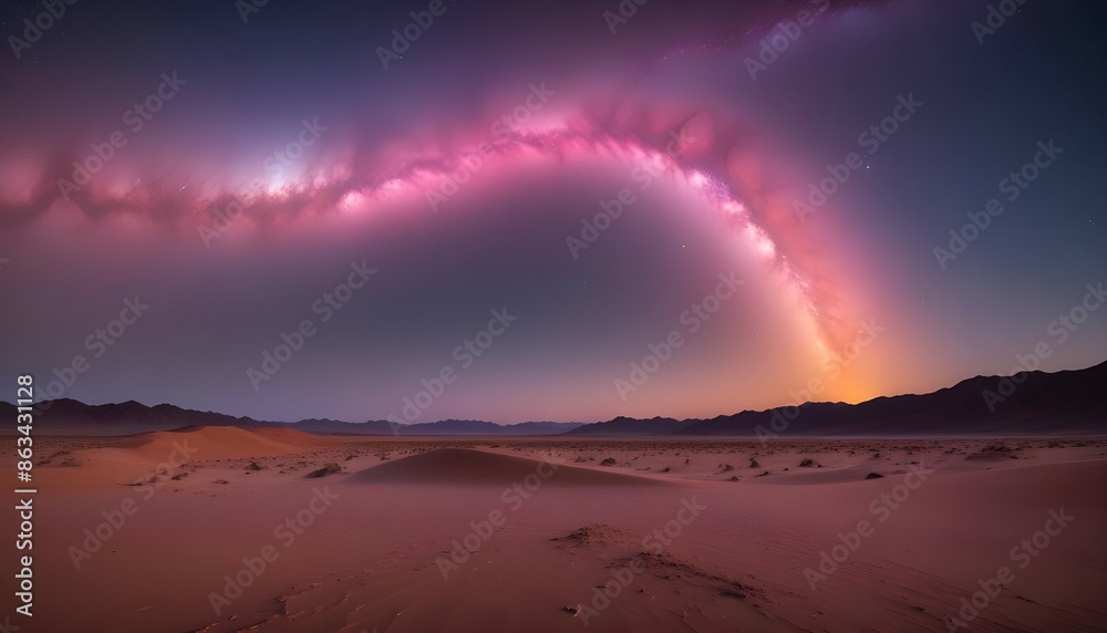 Desert Sky Panorama: Showcase the expansive, vibrant sky filled with hues of pink, orange, and purple, transitioning into the starry night above the Namib desert. Desert Sky Panorama: Showcase the expansive, vibrant sky filled with hues of pink, orange, and purple, transitioning into the starry night above the Namib desert.