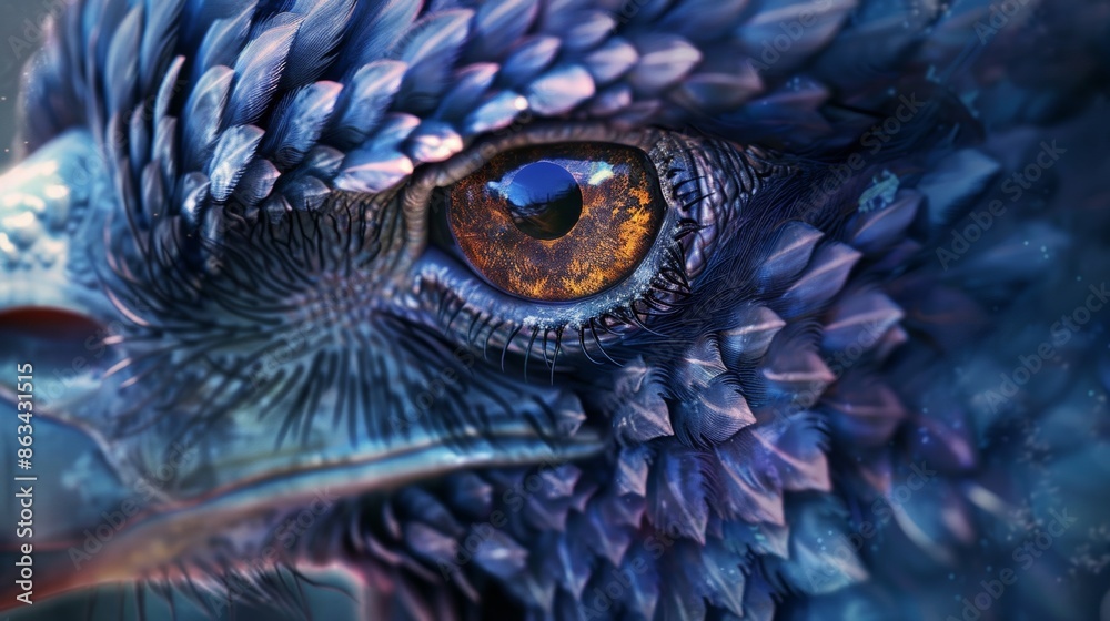 Fototapeta premium A close up of a blue bird with orange eyes and feathers, AI