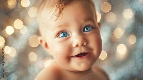 A baby with blue eyes smiling at the camera, AI