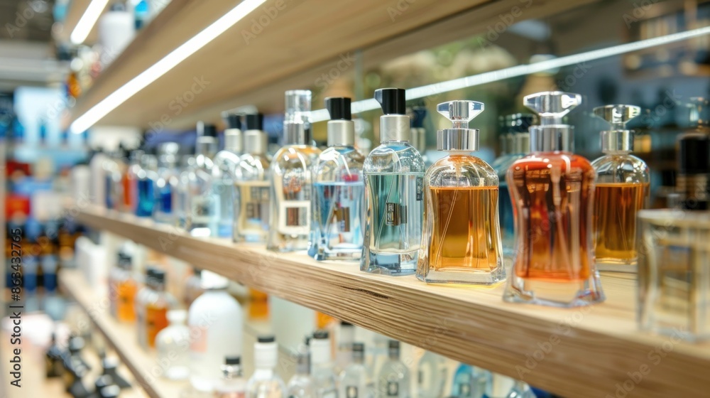 Variety of perfume bottles on display in fashion store room with shelves, beauty and style collection concept Variety of perfume bottles on display in fashion store room with shelves, beauty and style collection concept