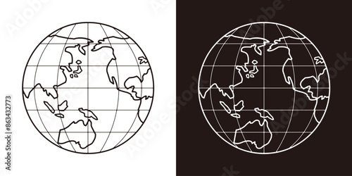 線で描かれた背景が透明の世界地図。緯線と経線が入った太平洋を中心とした地球。