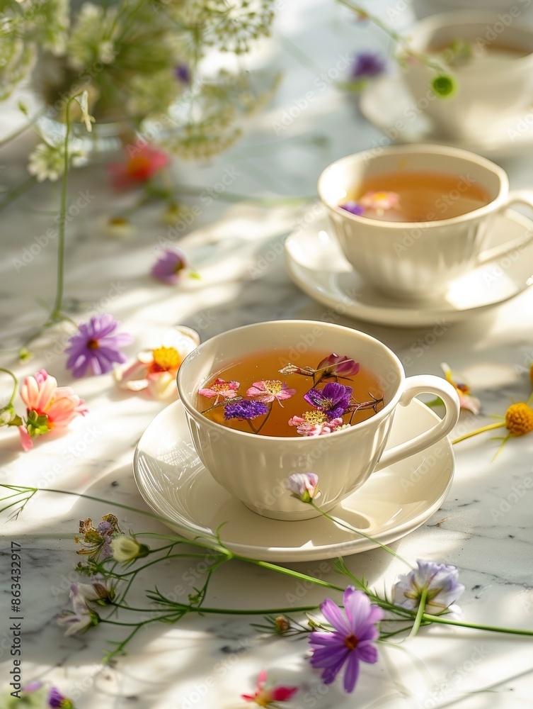 Fototapeta premium A cup of flower tea on a marble counter. 