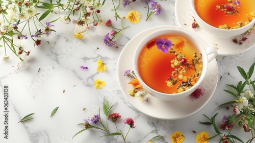 A cup of flower tea on a marble counter. 