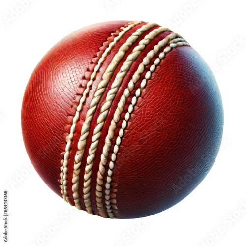 Close-up image of a red cricket ball with detailed stitching, isolated on a white background. Ideal for sports and cricket-related content.