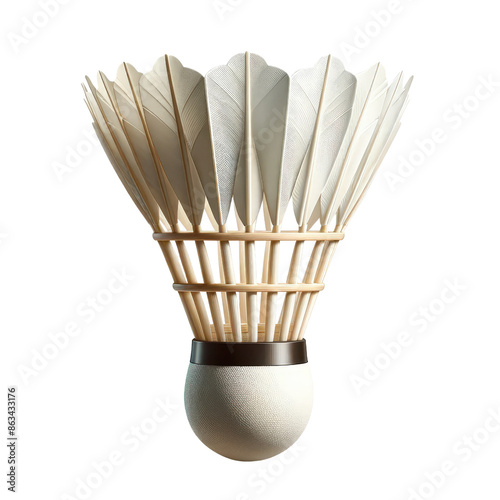 Close-up of a badminton shuttlecock, featuring detailed feathers and a white cork base, ideal for sports and fitness themes.