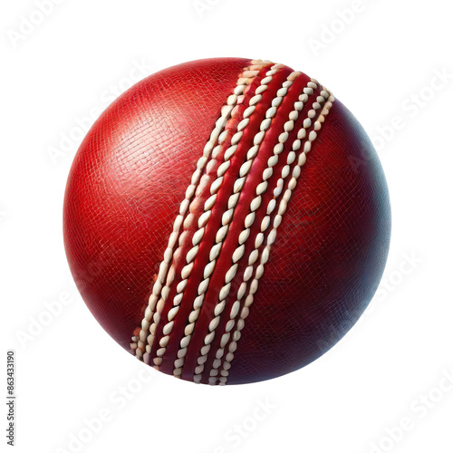 Close-up of a red cricket ball with stitched seam, isolated on a white background. Perfect for sports and cricket-related content.