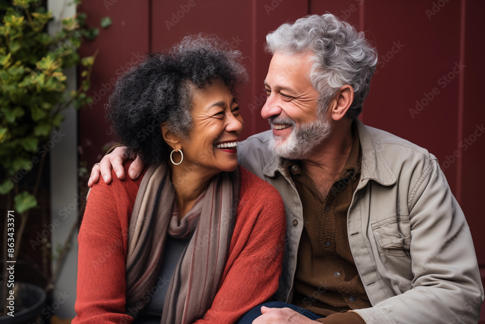 Older mixed race couple smiling at each other Older mixed race couple smiling at each other