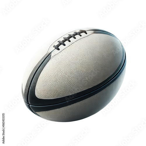 High-quality image of a white rugby ball with black details, isolated on a transparent background, perfect for sports-related designs and promotions.