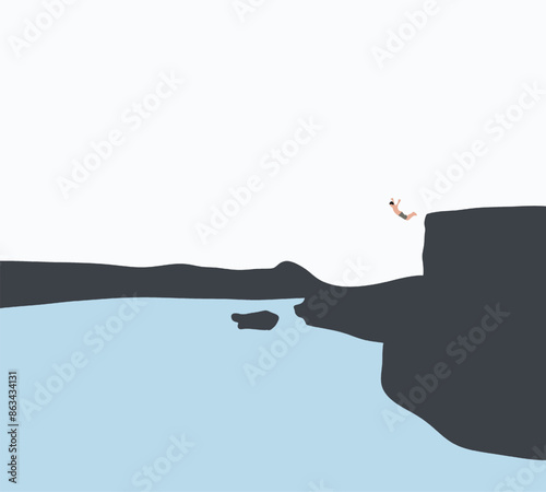 Man jumping off the cliffs and dives into the refreshing sea water. Relaxing lifestyle summer vacation. 