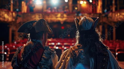 A creative shot with shallow depth of field from behind two performing arts entertainers dressed as pirates on a theater stage during comedy act. © sania