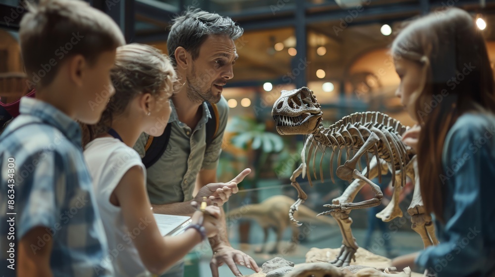 A teacher showing students a model of a dinosaur skeleton in a natural history museum A teacher showing students a model of a dinosaur skeleton in a natural history museum