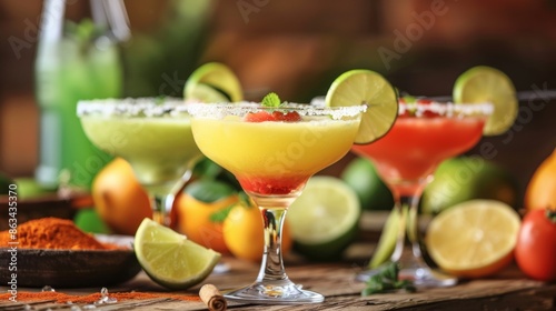 Assortment of three drinks, each uniquely garnished with a colorful fruit element, presented on a flat surface. Beverage showcase.