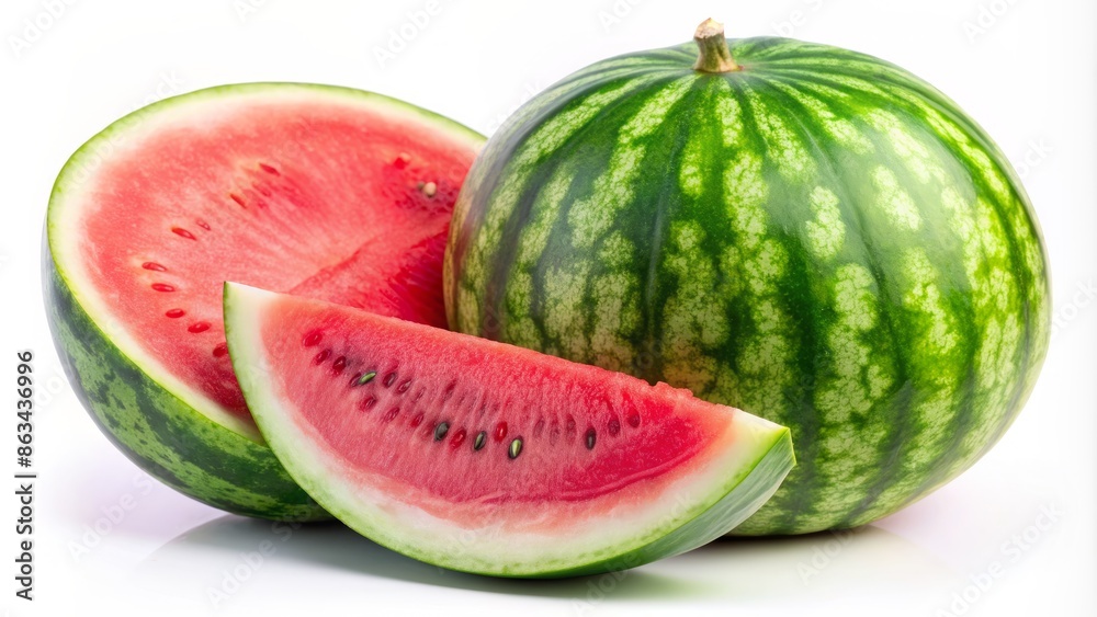 Fresh vibrant green rind contrasts with juicy pink and white flesh of a thick slice of refreshing watermelon against a clean white background. Fresh vibrant green rind contrasts with juicy pink and white flesh of a thick slice of refreshing watermelon against a clean white background.