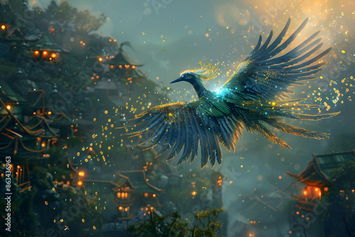 Majestic Birds with Indigo and Gold Feathers Creating Magical Particle Effects in Mystical Landscapes. bird, Avian, Wing, span, blue, gold.