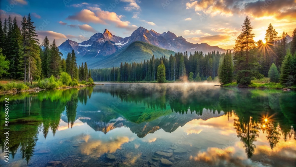 Serene mountain lake with crystal-clear water reflecting hues of tranquil sunrise, surrounded by lush green trees and majestic mountains in the calm morning atmosphere. Serene mountain lake with crystal-clear water reflecting hues of tranquil sunrise, surrounded by lush green trees and majestic mountains in the calm morning atmosphere.