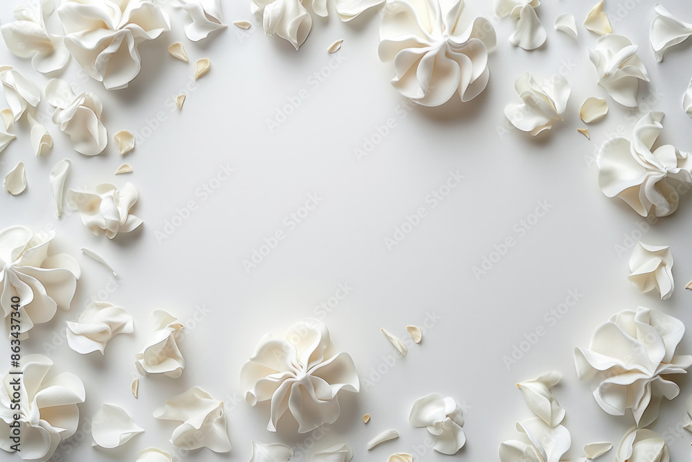 A white background with a large number of white flowers scattered throughout. The flowers are arranged in a way that creates a sense of movement and flow, with some of them overlapping