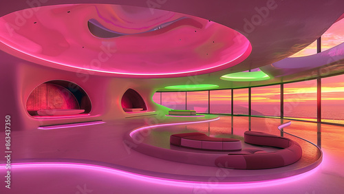 This image features a stunning, futuristic interior design bathed in vibrant pink and green neon lights. The smooth, flowing architectural lines create a sleek and modern atmosphere.  photo