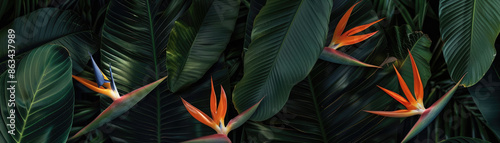 Lush Tropical Foliage with Vibrant Bird of Paradise Flowers in a Dense Jungle Setting © LailaBee