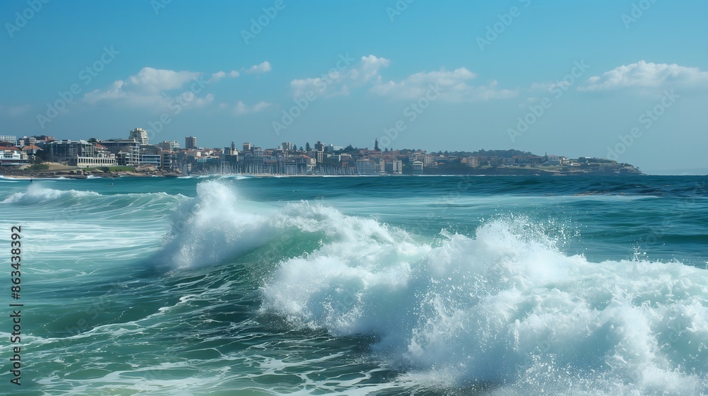 Fototapeta premium 5. A panoramic view captures the energetic surf crashing onto Bondi's shores, as the bustling city of Sydney hums in the distance.