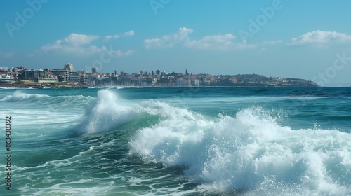 Fototapeta Naklejka Na Ścianę i Meble -  5. A panoramic view captures the energetic surf crashing onto Bondi's shores, as the bustling city of Sydney hums in the distance.