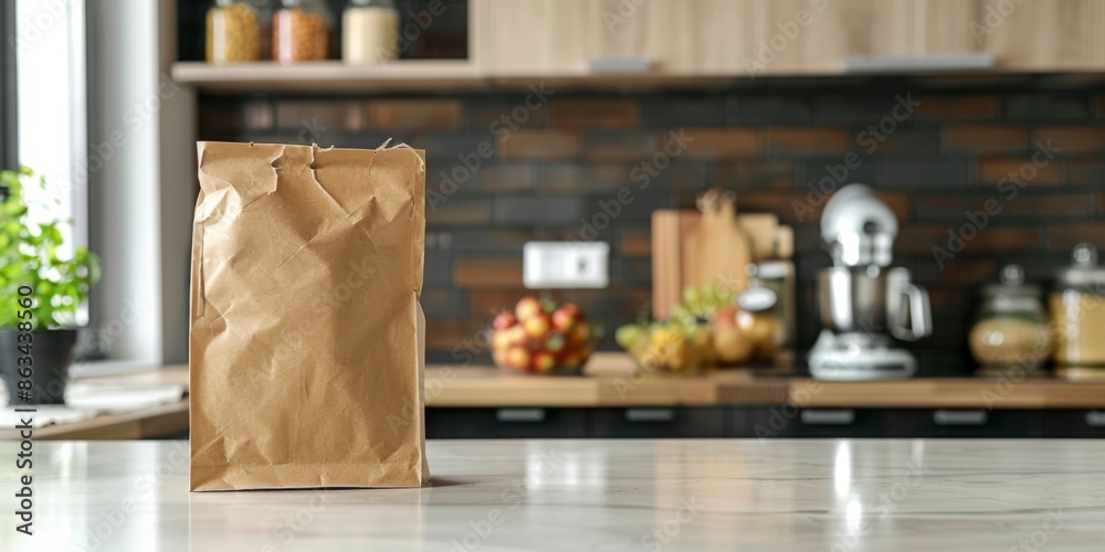 A paper bag filled with vegetables and bread on a table, with a blurred kitchen background, creating a cozy and inviting scene with ample empty space A paper bag filled with vegetables and bread on a table, with a blurred kitchen background, creating a cozy and inviting scene with ample empty space