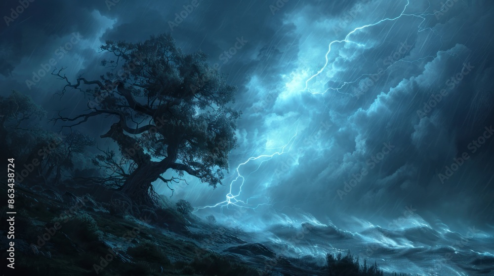 Fototapeta premium Powerful storm illustration featuring lightning strikes, strong winds, and tree bending in nature.