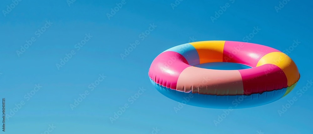 Obraz premium Colorful pool float ring against a clear blue sky, epitomizing a summer day by the pool