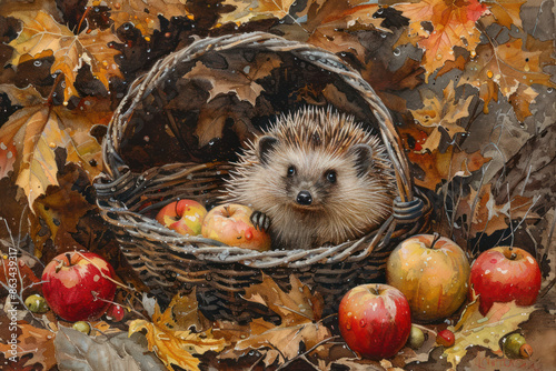 Little Hedgehog with Apples Watercolor Illustration Cozy Fall Scene of a Cute Animal Surrounded by Autumn Leaves and Fruits, Hand Painted in Warm Colors, Perfect for Seasonal Decor and Gifts photo