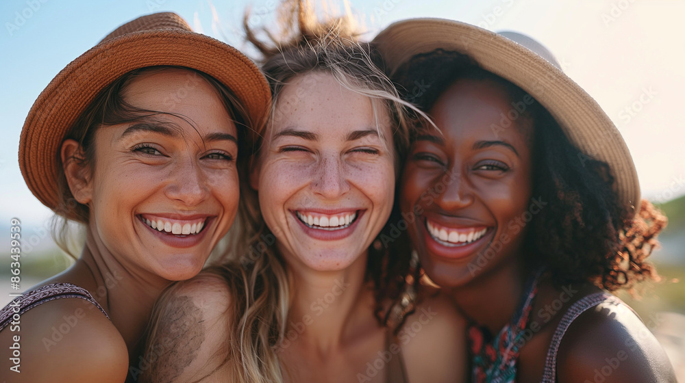 Three joyful young women of diverse ethnicities, close together and smiling in summer hats, representing friendship and happiness. Three joyful young women of diverse ethnicities, close together and smiling in summer hats, representing friendship and happiness.