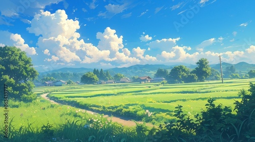 Scenic landscape drawn in the style of Japanese anime, with vibrant colors.