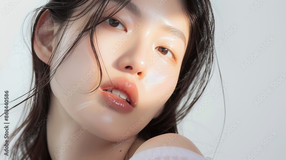 Beautiful Korean model in 20s with innocent image, mid-shot against white background, showcasing cool sensation on dewy skin while applying serum.