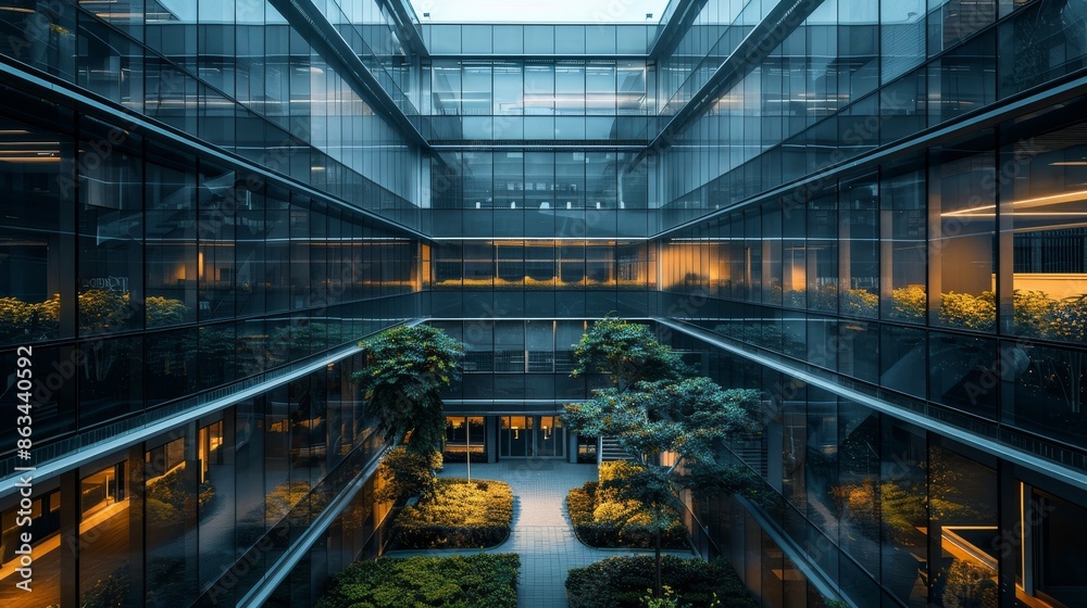 Modern office building with spacious green courtyard. Modern office building with spacious green courtyard.