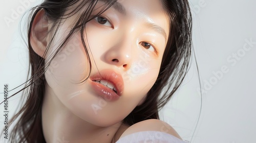 Obraz na płótnie Beautiful Korean model in 20s with innocent image, mid-shot against white background, showcasing cool sensation on dewy skin while applying serum. w salonie