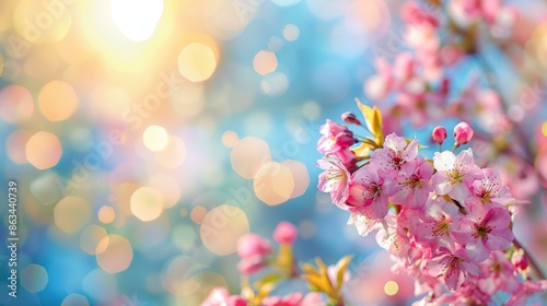 Beautiful pink cherry blossoms in full bloom with a vibrant turquoise and bokeh background signaling the onset of spring. photo