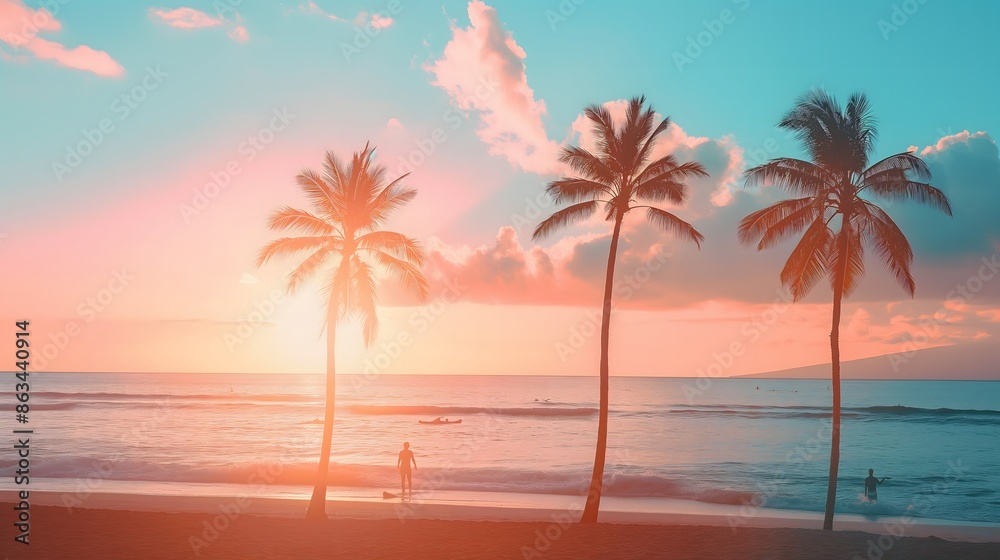 1. Waikiki Beach at sunrise, with silhouettes of palm trees against a sky painted in soft pastel colors, as early morning surfers catch gentle waves. 1. Waikiki Beach at sunrise, with silhouettes of palm trees against a sky painted in soft pastel colors, as early morning surfers catch gentle waves.