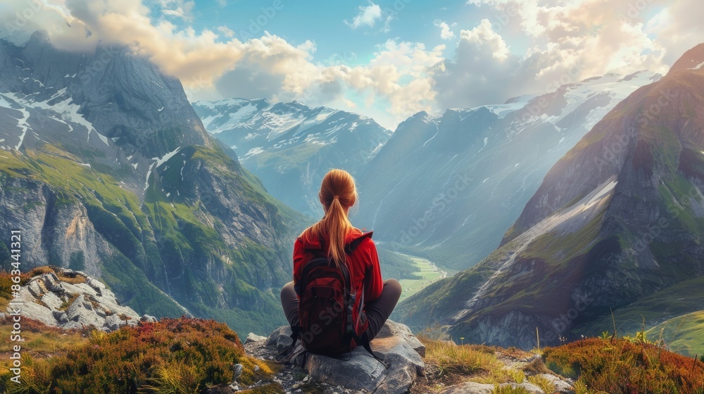 Active woman enjoys the beautiful scenery of the majestic mountains Active woman enjoys the beautiful scenery of the majestic mountains