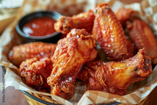 Close-up shot of crispy golden fried chicken wings with coarse salt, tangy barbecue sauce, on a casual dining table with checkered tablecloth. photo