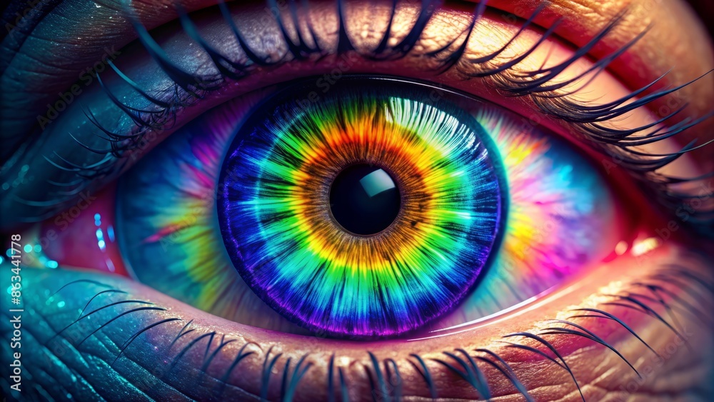 Vibrant 4k 3d rendering of a futuristic iris with a multicolored rainbow spectrum, symbolizing innovation, vision, and creativity in digital technology and abstract art. Vibrant 4k 3d rendering of a futuristic iris with a multicolored rainbow spectrum, symbolizing innovation, vision, and creativity in digital technology and abstract art.