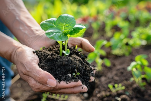 Hands holding rich soil with a young plant. Concepts of gardening, growth, sustainability, agriculture, and environmentalism