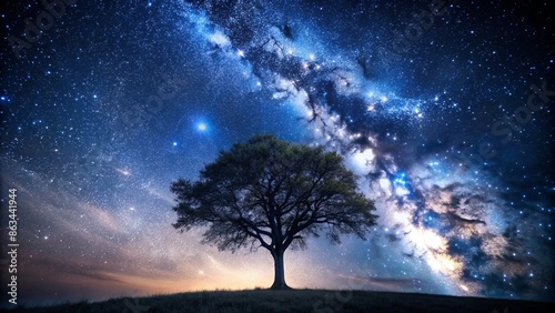 A lone, majestic tree stands tall amidst a dark, star-filled night sky, its branches reaching upwards, silhouetted against a backdrop of twinkling celestial bodies.