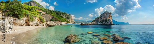 A beautiful beach with a clear blue ocean and palm trees in the background