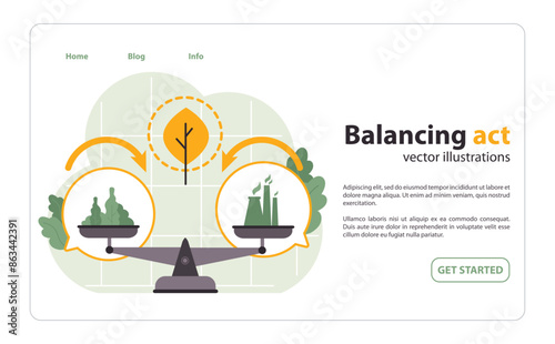 Nature and industry on a scale, showcasing equilibrium. Flat vector illustration