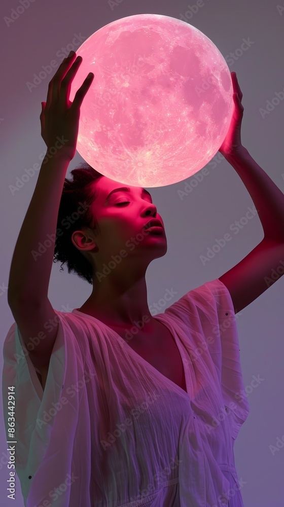 Naklejka premium Avant Garde woman holding pink moon, moonlight, top light, studio setting, over-the-shoulder view
