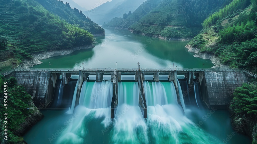 A hydroelectric dam generates power as water flows through its gates in a serene mountain landscape. Generative AI A hydroelectric dam generates power as water flows through its gates in a serene mountain landscape. Generative AI