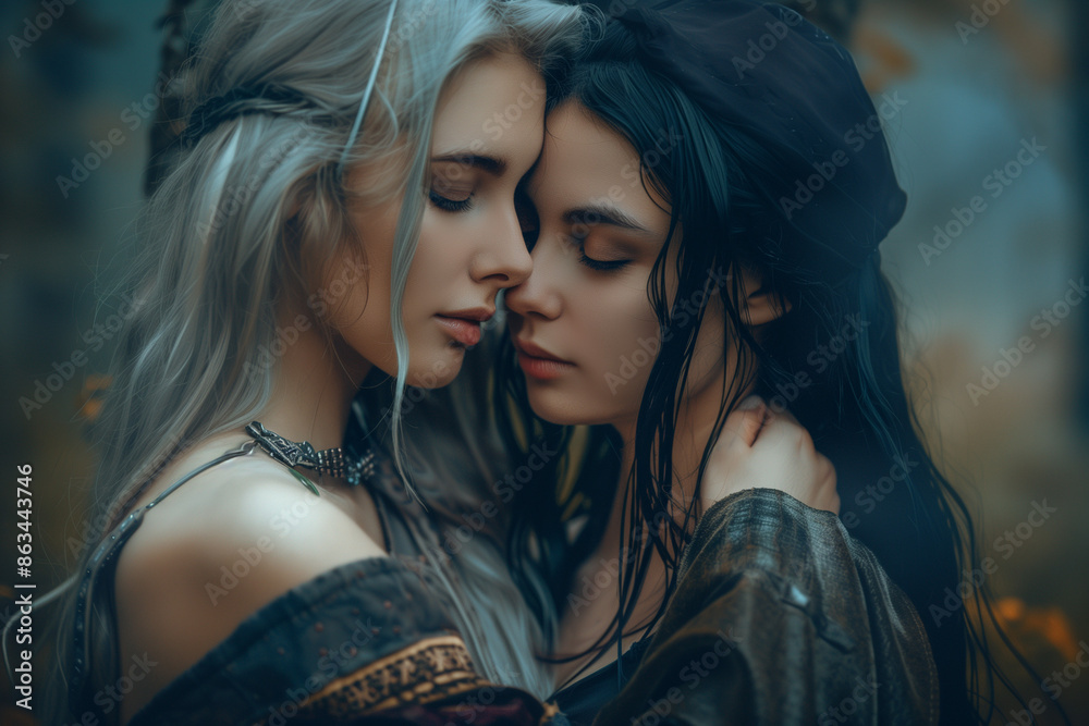 Happy Lesbian Queer Medieval Woman Couple, in Love Embracing in the Forest Woods, Romantic Relationship Fantasy Concept