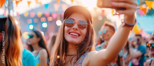 Festival attendees taking selfies at the entrance, capturing their summer festival experience