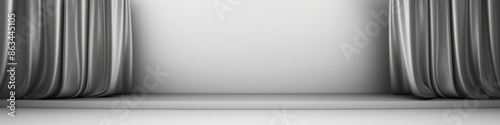 Wallpaper Mural A minimalist studio backdrop with charcoal gray curtains framing a white platform, banner, copy space Torontodigital.ca