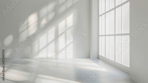 White room with a large window and sunlight streaming in with copy space text for interior design, home decor, minimalist, modern, clean, bright, spacious, airy, peaceful, serene
