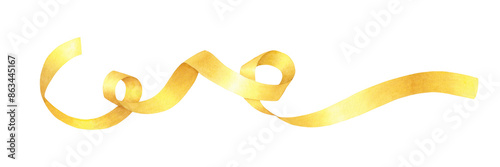 Shiny yellow, golden serpentine ribbon with curls isolated on transparent background. Hand drawn watercolor illustration. Holiday decoration for design, cards, invitations, congratulations, packaging