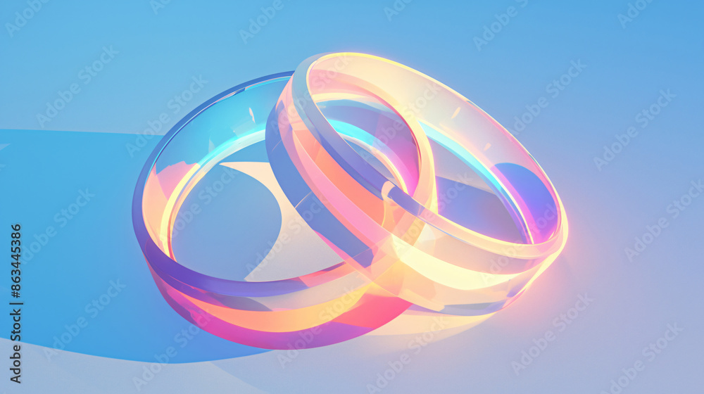Two iridescent glass rings on a blue background with copy space text for love, wedding, engagement, jewelry, abstract, modern, minimalist, design